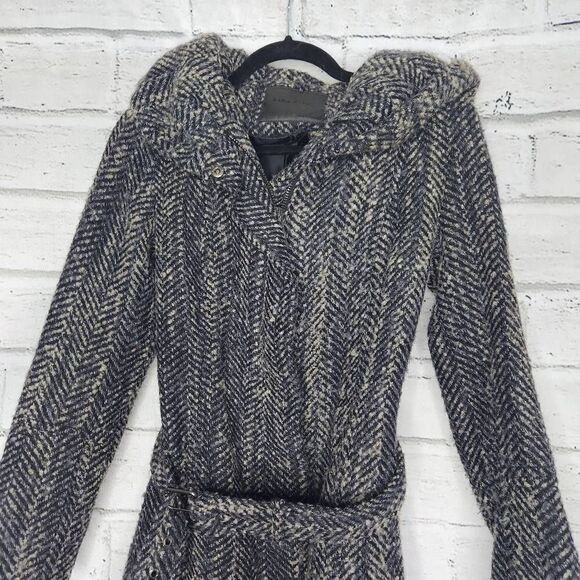 Zara Basic Women's Gray Textured Tweed Full Zip Lined Hooded Coat Size Small - Picture 2 of 15